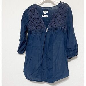 Malvin Hamburg 100% Linen Tunic Top Crochet Detail 3/4 Sleeve Womens Size S Navy